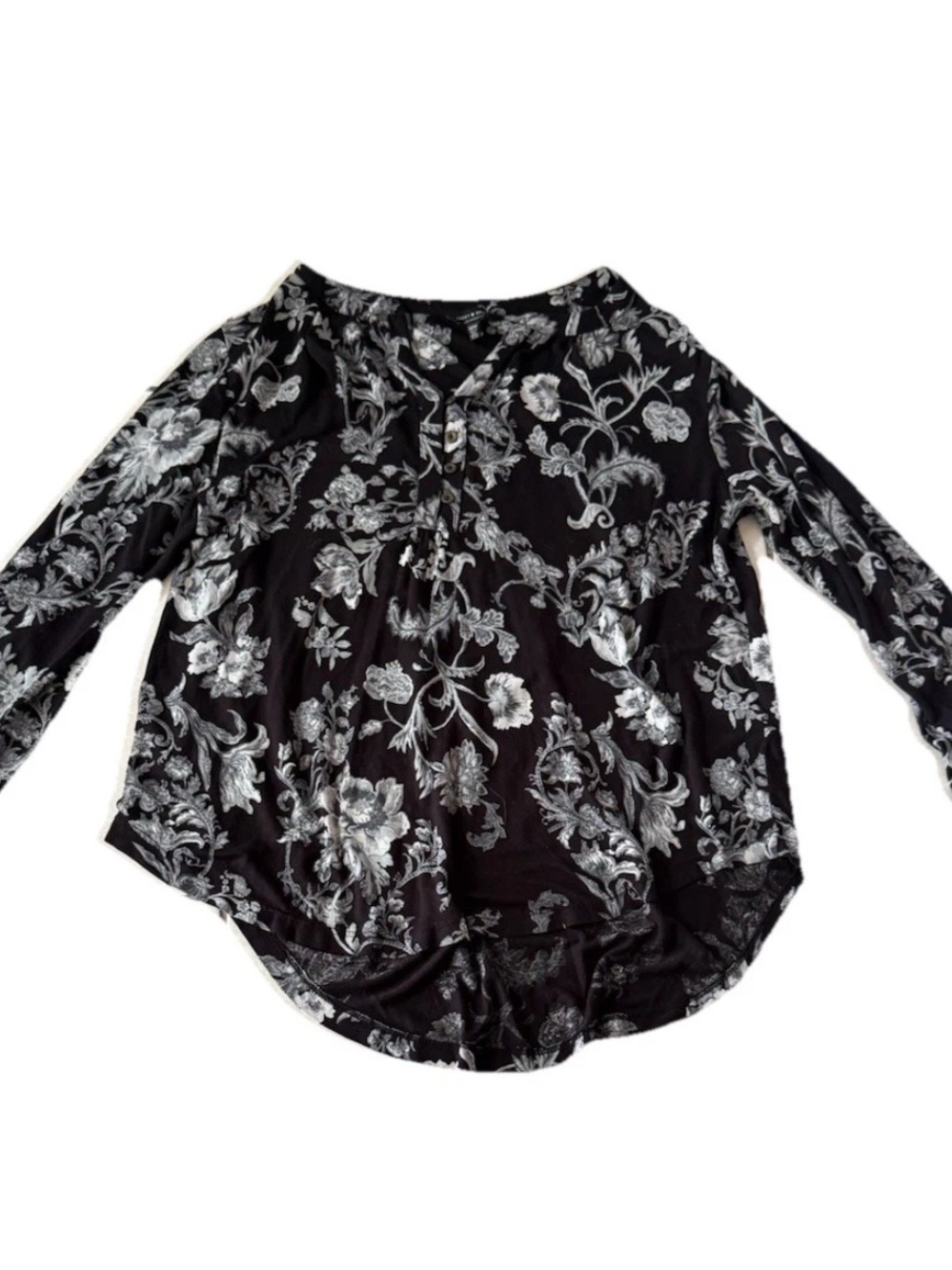 Lucky Brand Boho Black And White Floral Tunic 3/4th Sleeve Shirt Size Medium